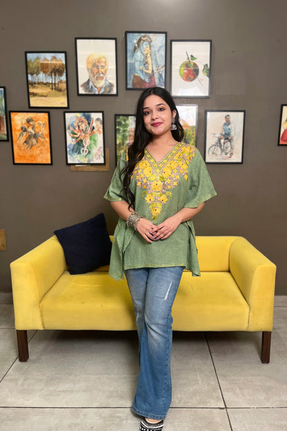 Kashmiri Aari Work Multi Green Kaftan Top
