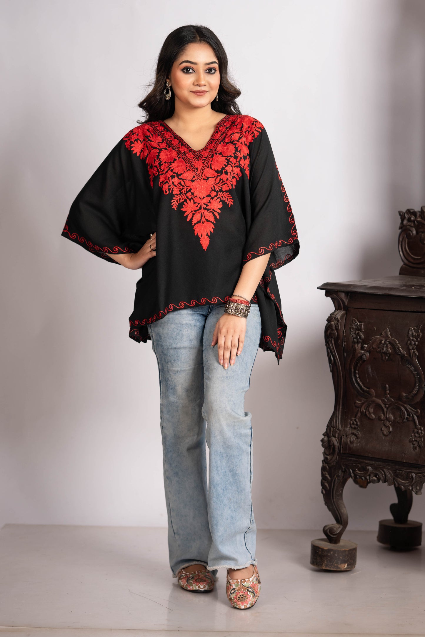 Kashmiri Aari Work Black Kaftan Top