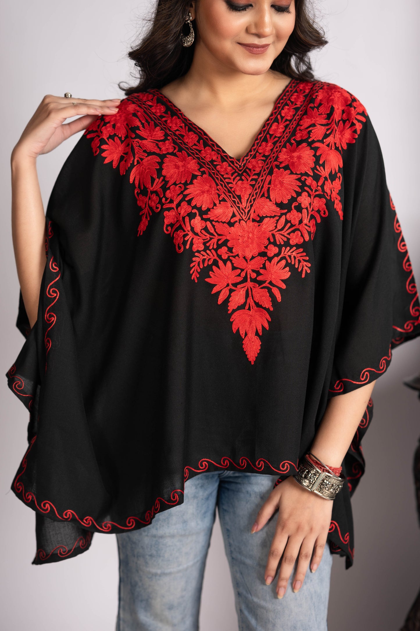 Kashmiri Aari Work Black Kaftan Top