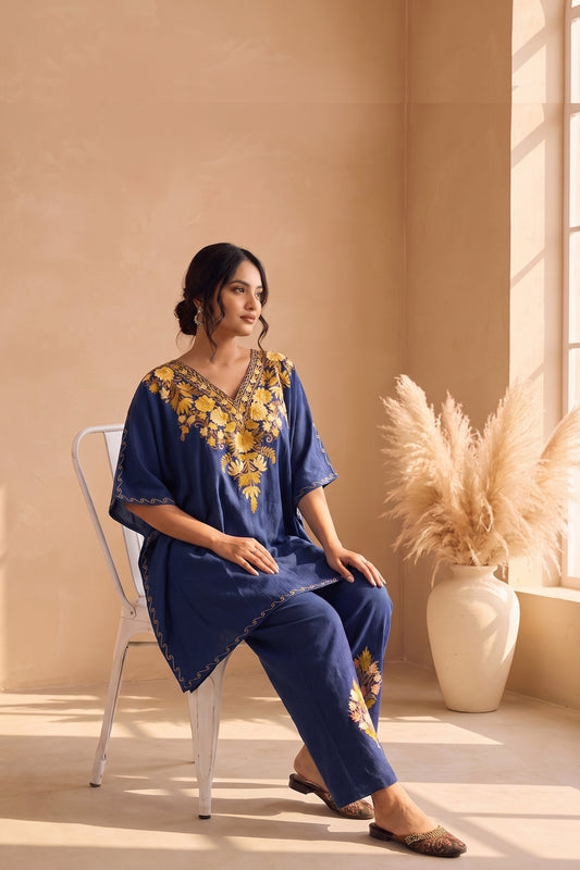 Navy Blue Kashmiri Aari Embroidered Kaftan Co-ord Set