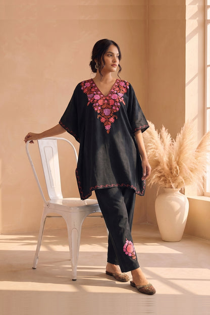 Elegant Black & Pink Kashmiri Aari Embroidered Kaftan Set