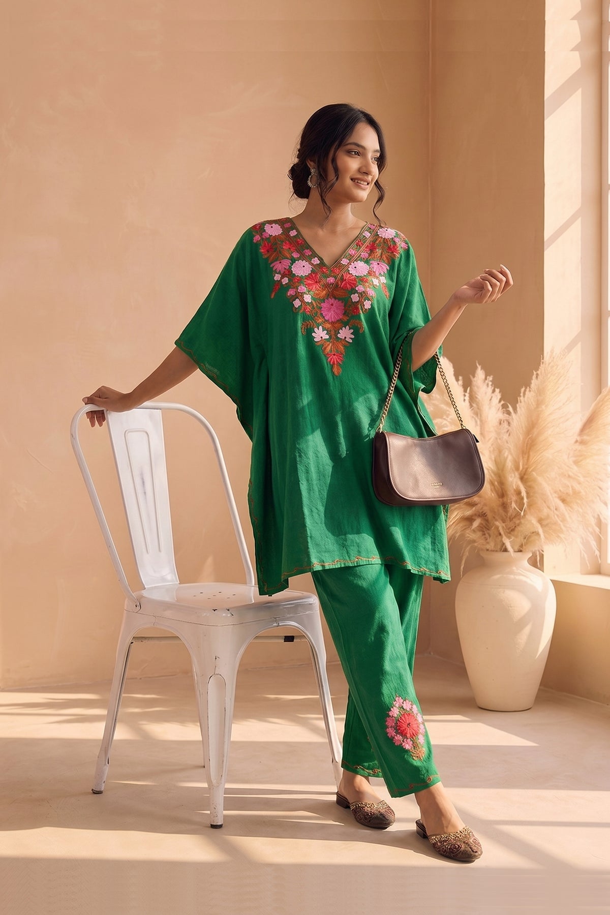 Festive Bottle Green Kashmiri Aari Work Kaftan Set
