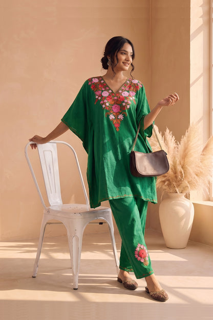 Festive Bottle Green Kashmiri Aari Work Kaftan Set