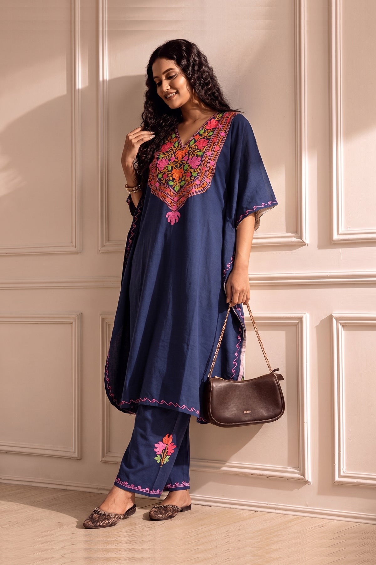 Navy Blue Embroidered Knee Kaftan Set