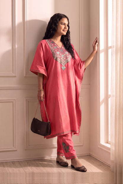 Rose Petal Pink Kashmiri Aari Work Kaftan Co-Ord Set