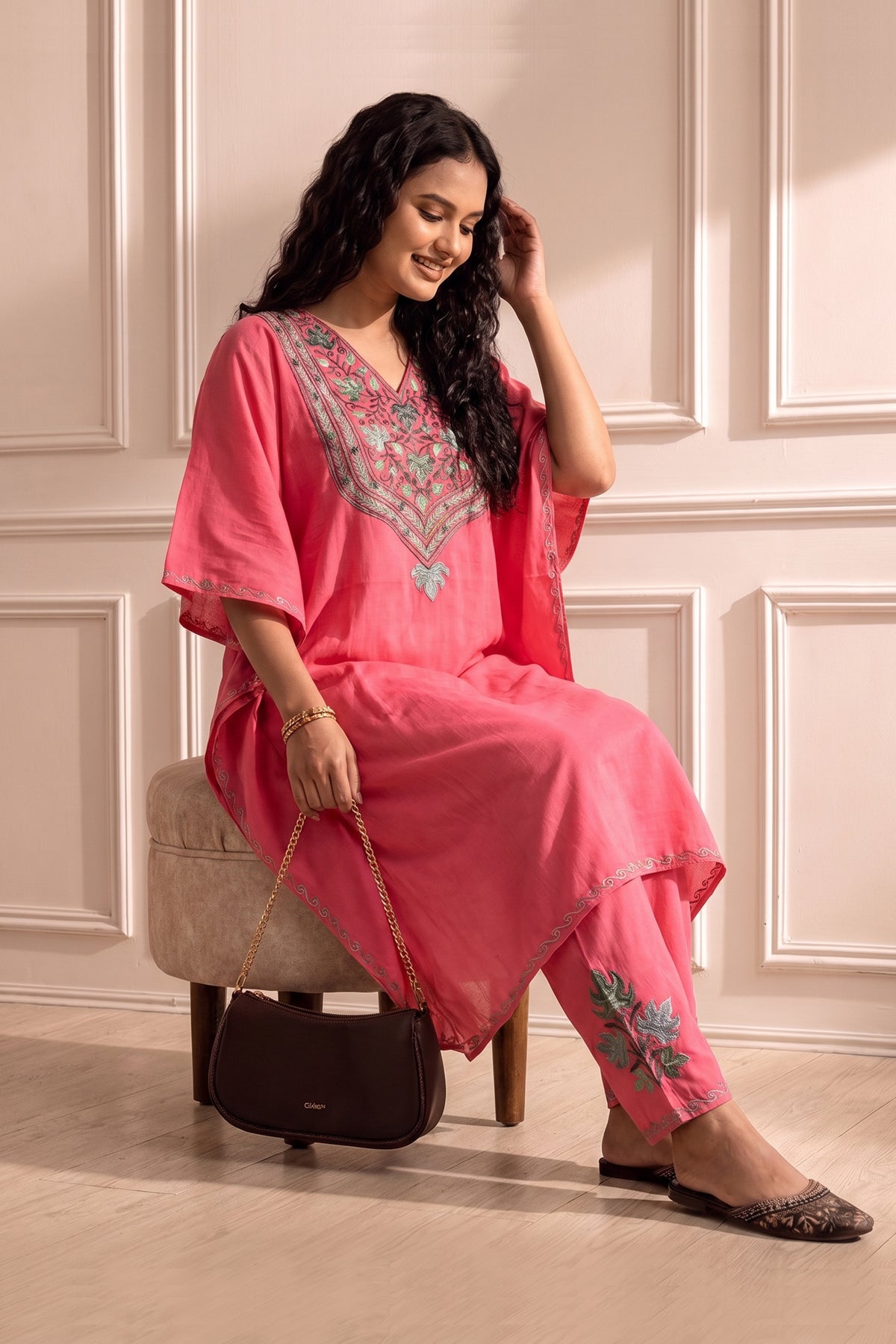 Rose Petal Pink Kashmiri Aari Work Kaftan Co-Ord Set