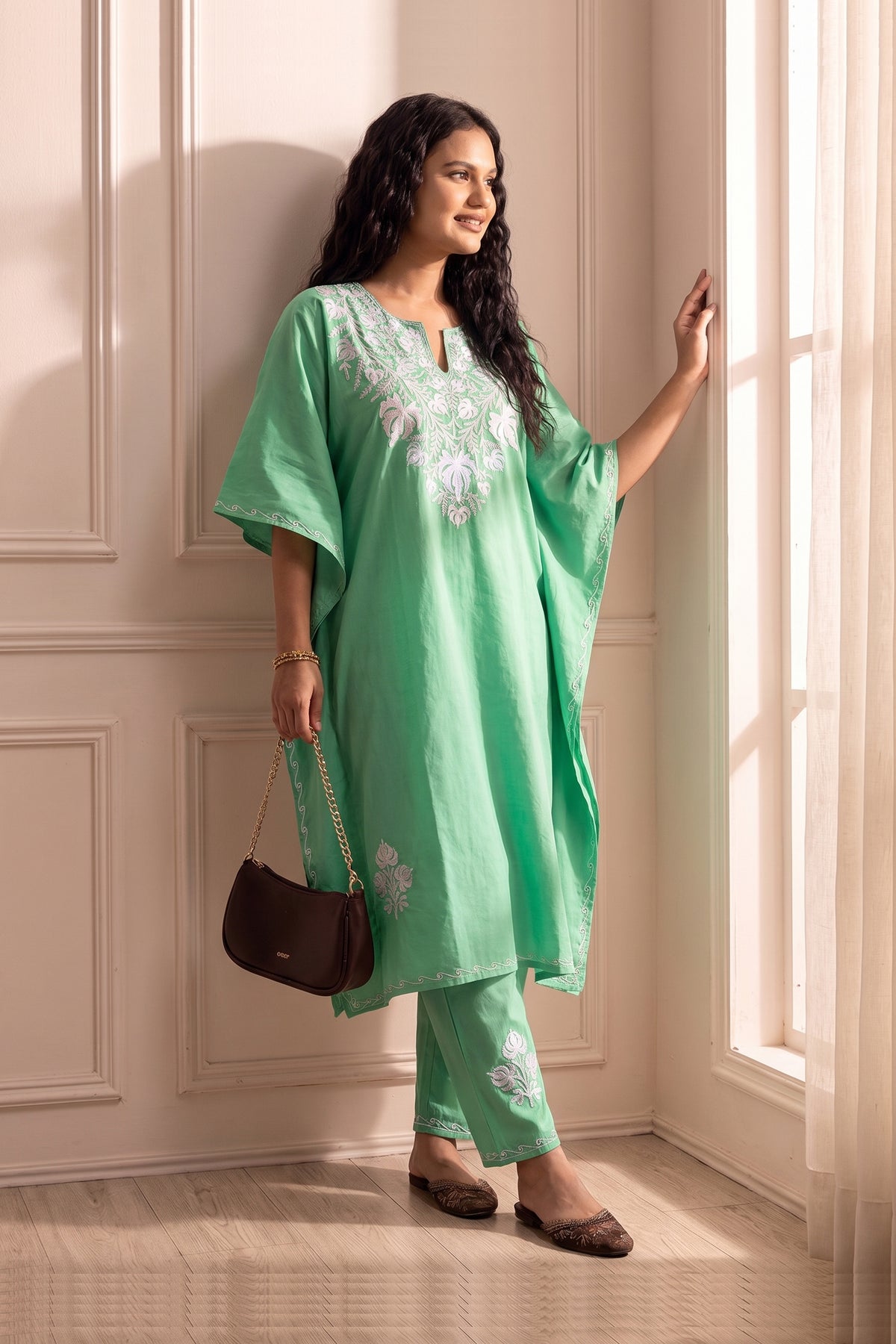 Elegant Sea Green Kashmiri Aari Embroidered Knee Kaftan