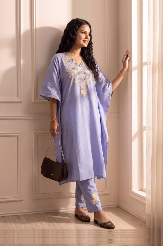 Kashmiri Aari Work Knee Length Kaftan Coord Set