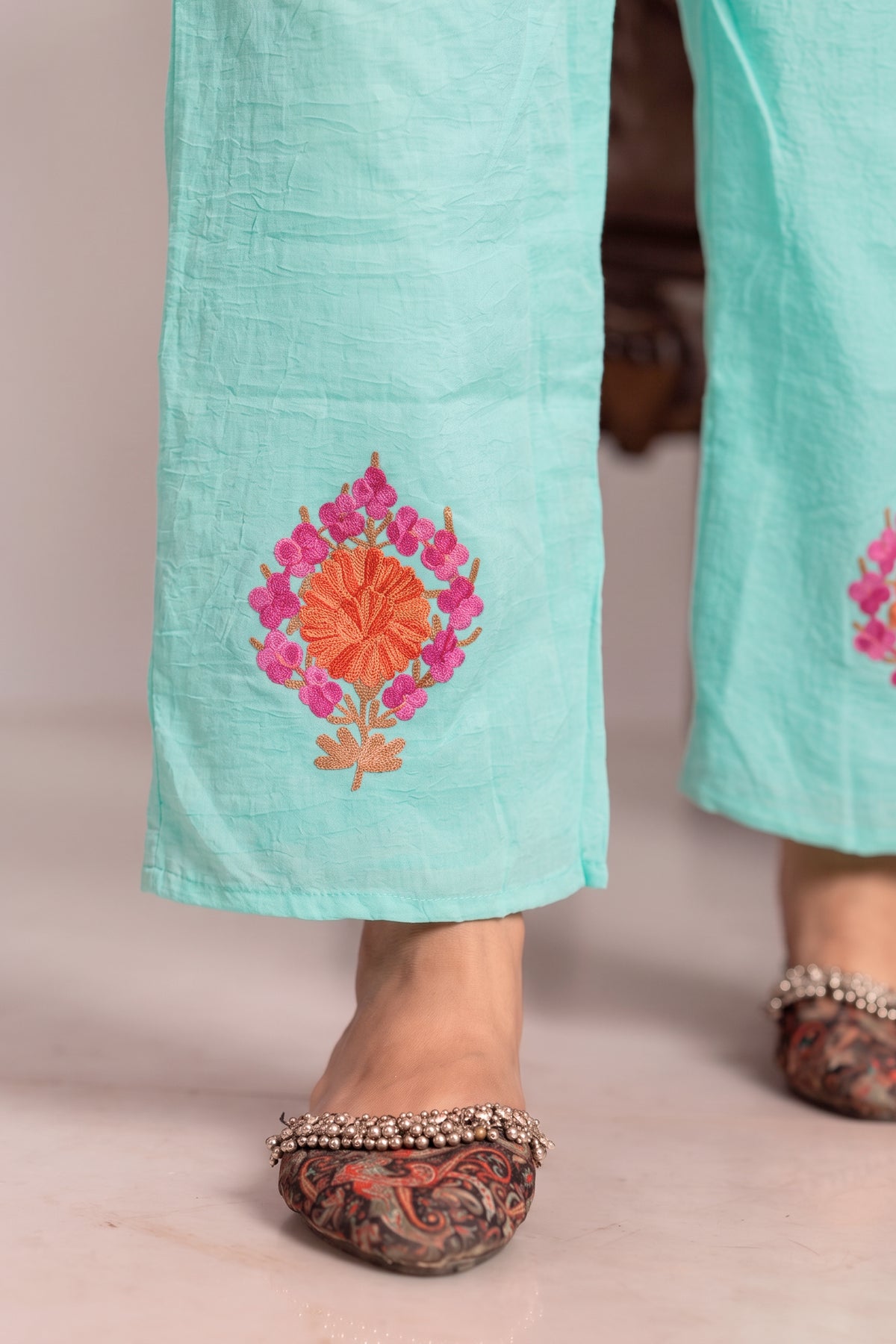 Floral Kashmiri Kaftan Set – Festive Elegance with Handcrafted Aari Work
