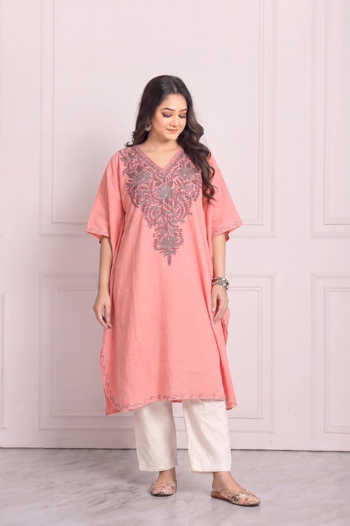 Pink Kashmiri Knee Length Kaftan – Light & Elegant