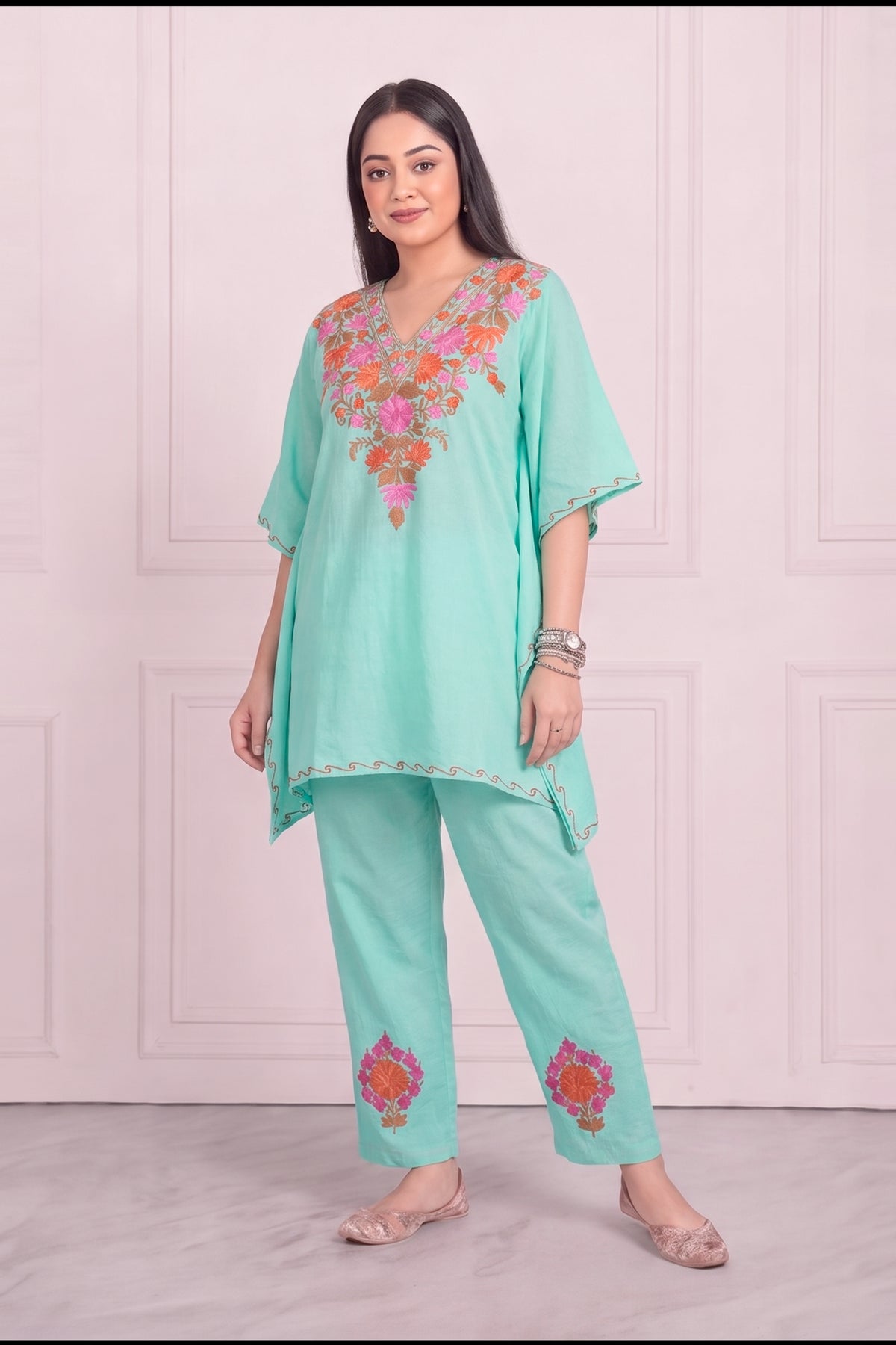 Floral Kashmiri Kaftan Set – Festive Elegance with Handcrafted Aari Work