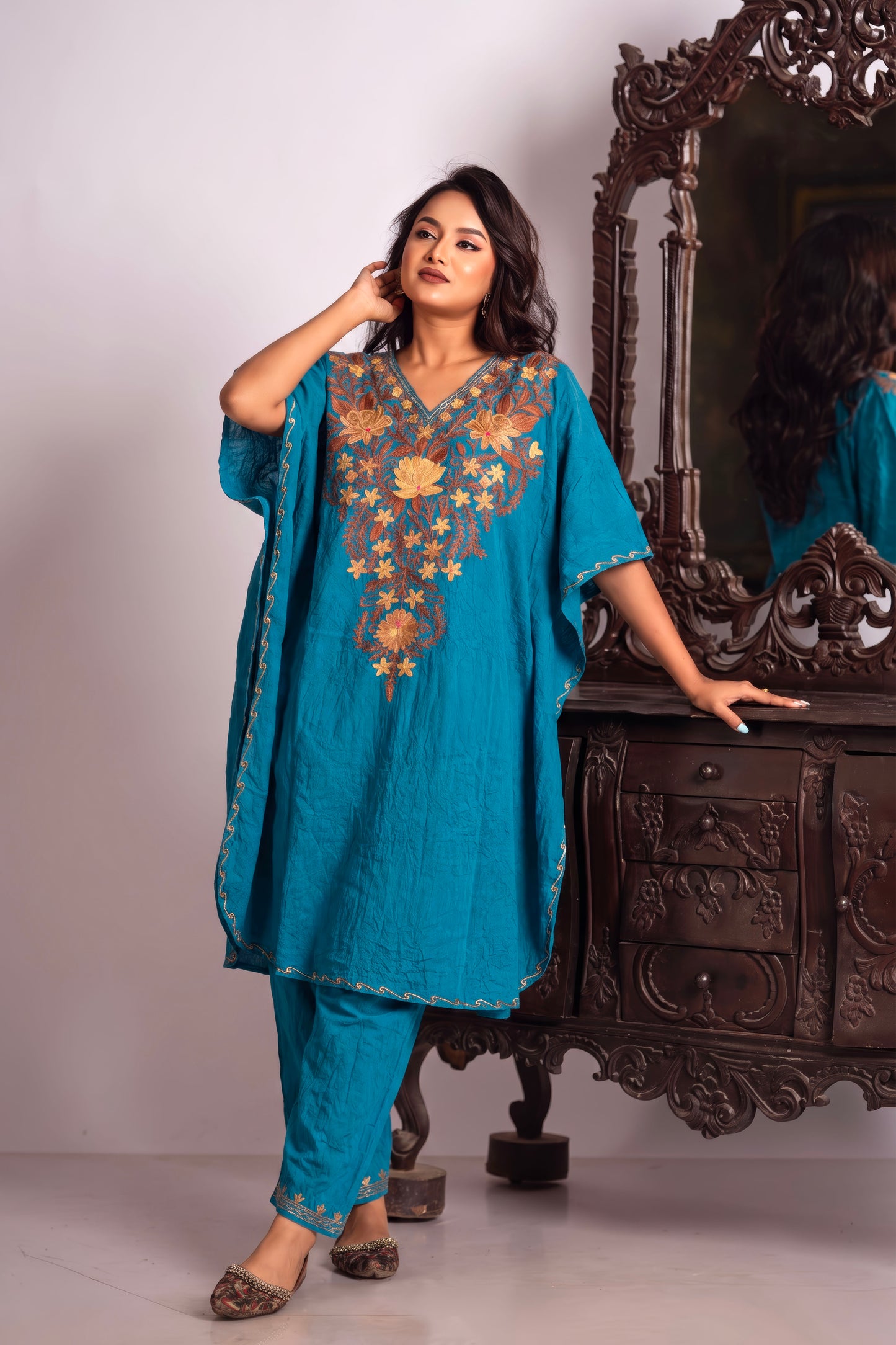 Luxury Kashmiri Aari Work Kaftan Co-Ord Set for Women