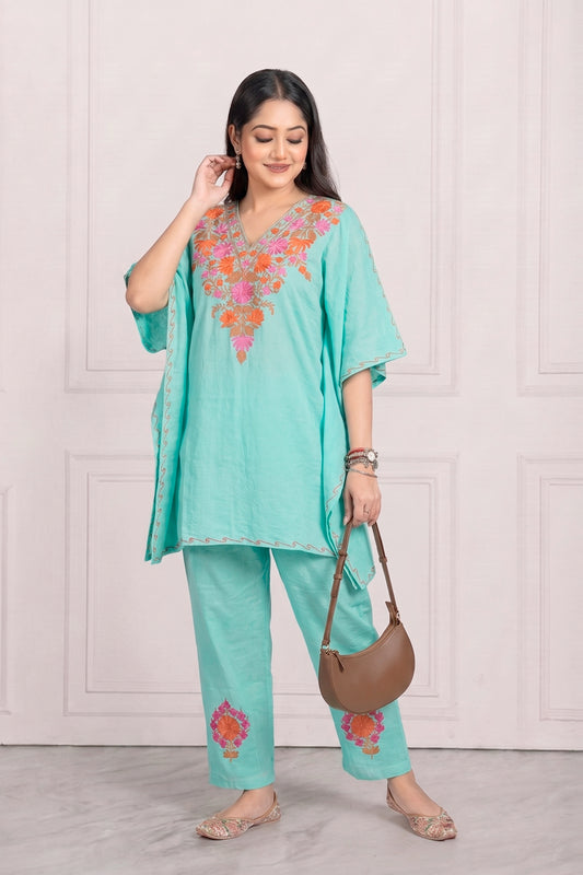 Floral Kashmiri Kaftan Set – Festive Elegance with Handcrafted Aari Work
