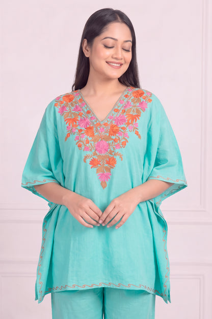 Floral Kashmiri Kaftan Set – Festive Elegance with Handcrafted Aari Work