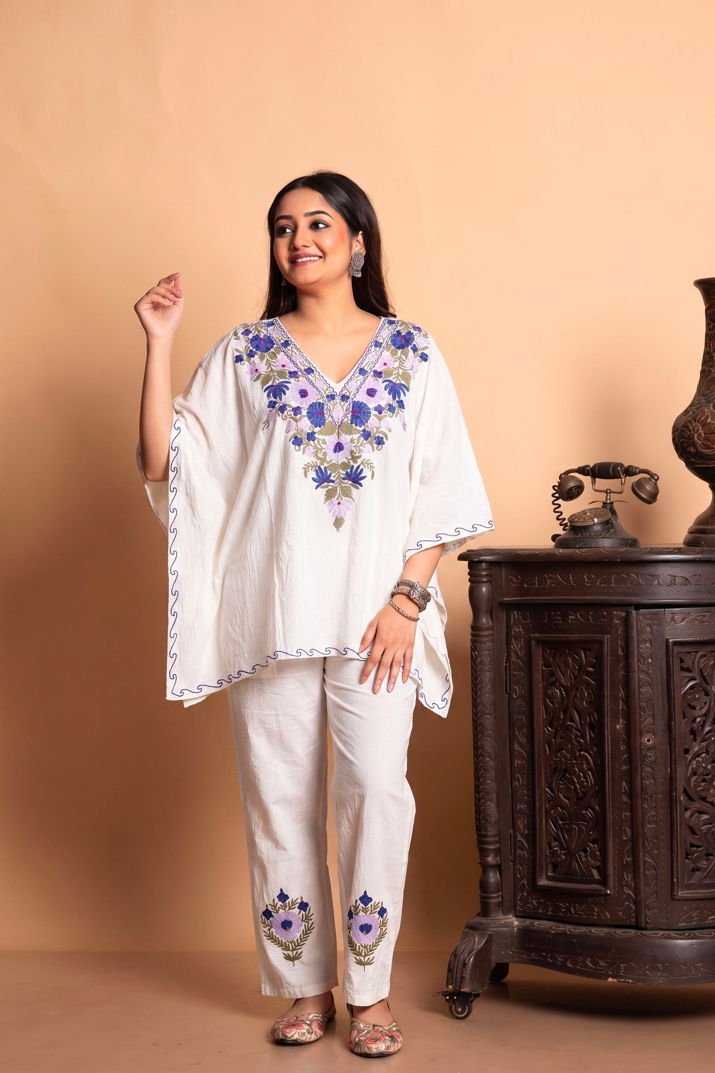 White - Blue Kashmiri Aari Work Kaftan Co-Ord – Crafted in Luxury