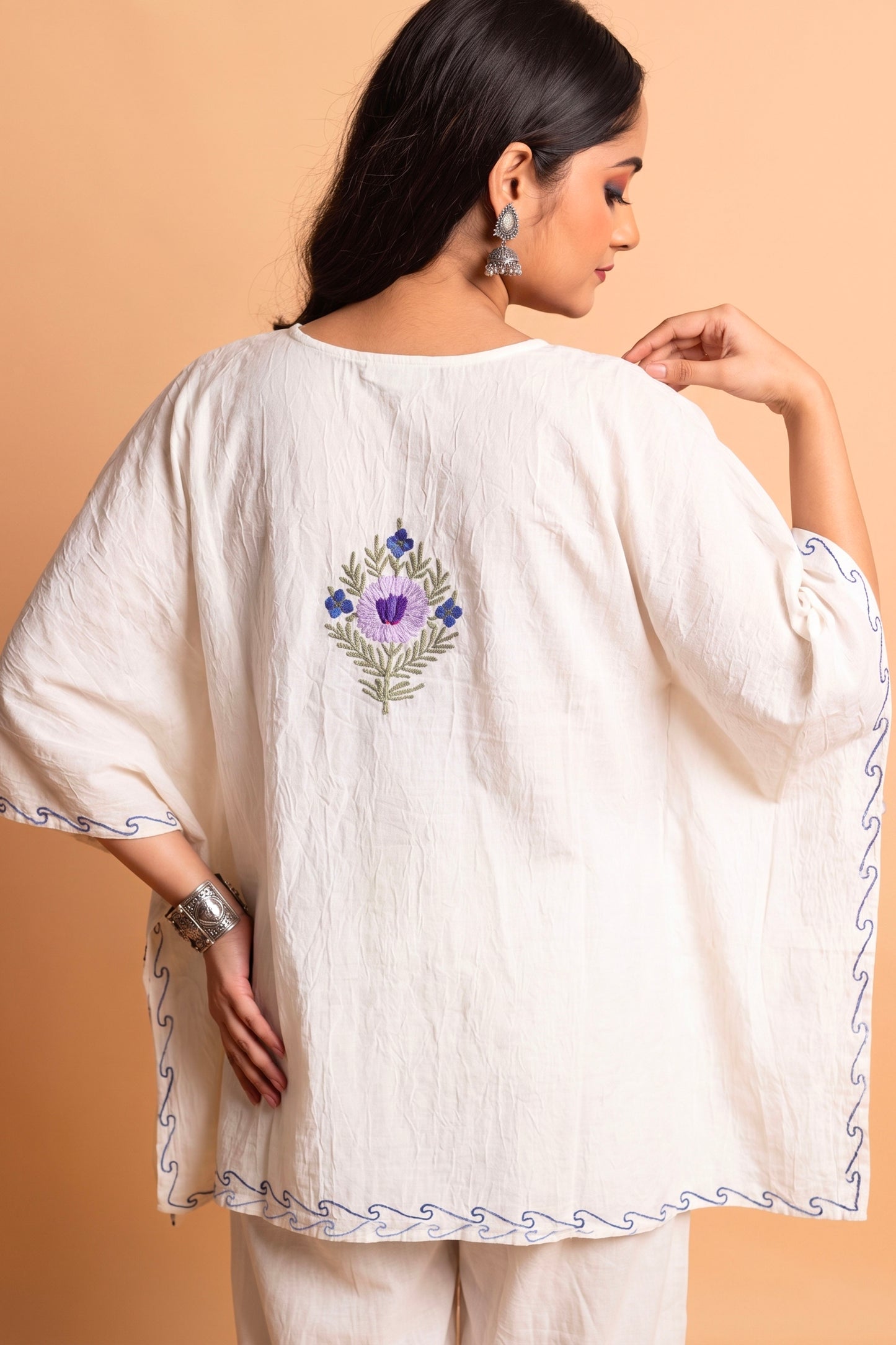 White - Blue Kashmiri Aari Work Kaftan Co-Ord – Crafted in Luxury